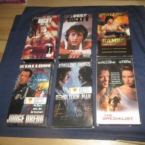 6 Sylvester Stallone VHS Movies Bundle -Rocky 1 & 2 / Rambo / Judge Dredd & more